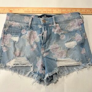 Hollister High-Rise Denim Shorts Floral Distressed Light Wash Vintage Sz‎ 5 W27